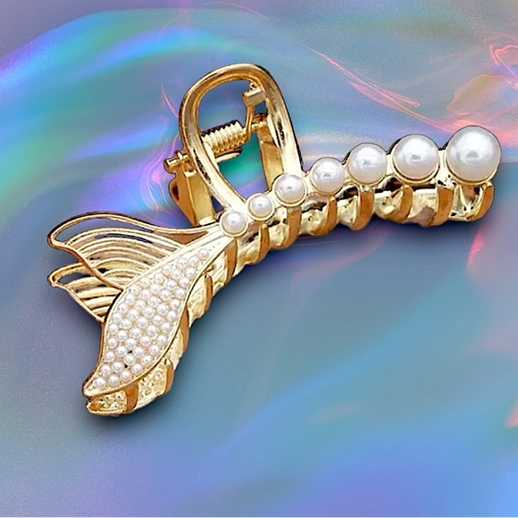 New! Mermaid Tail Hair Claw Clip Gold and Pearl NWT - Picture 7 of 7
